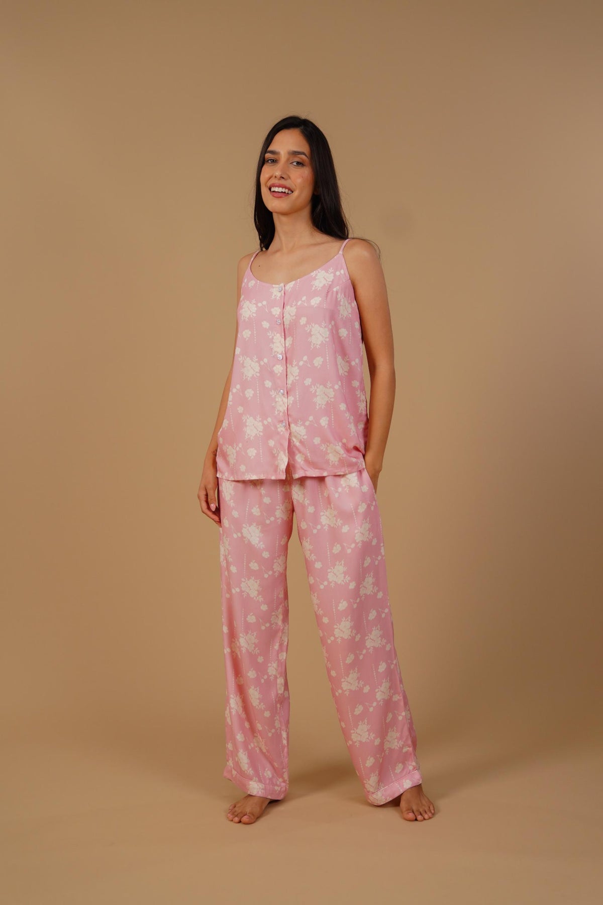Pink Blossom Floral Printed Viscose Twill Women's Pajama Set - Sleeveless