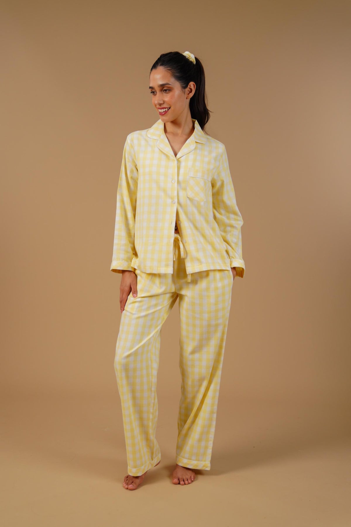 Butter Yellow Checks Cotton Twill Women's Pajama Set - Full Sleeves