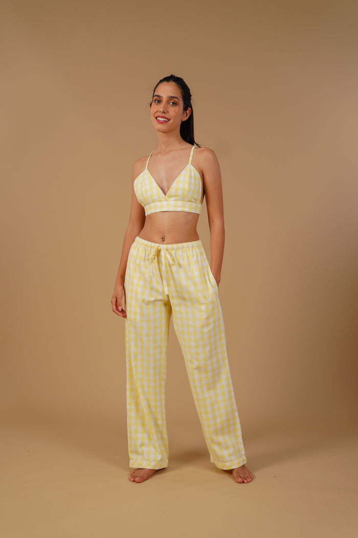 Butter Yellow Checks Cotton Twill Women's Pajama