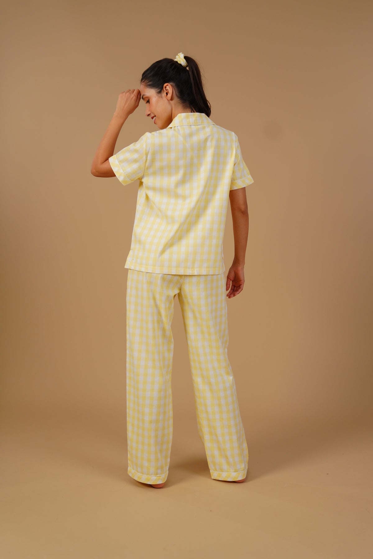 Butter Yellow Checks Cotton Twill Women's Pajama Set - Half Sleeves