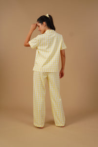 Butter Yellow Checks Cotton Twill Women's Pajama Set - Half Sleeves