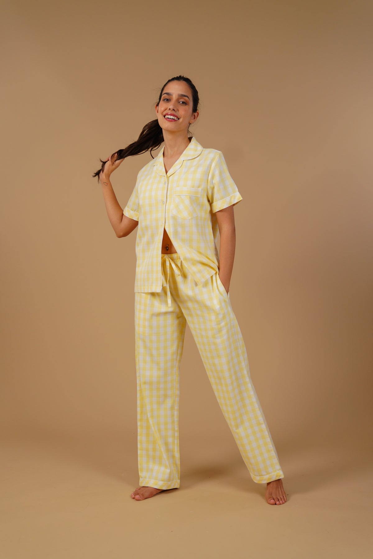 Butter Yellow Checks Cotton Twill Women's Pajama Set - Half Sleeves