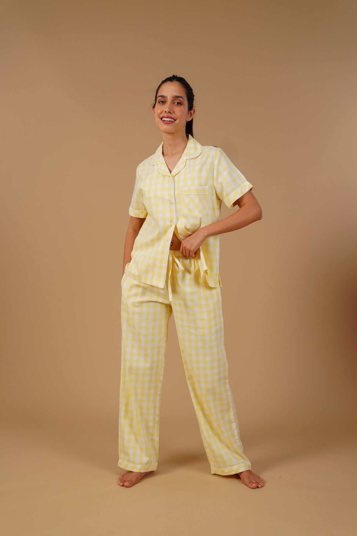 Butter Yellow Checks Cotton Twill Women's Pajama Set - Half Sleeves