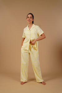 Butter Yellow Checks Cotton Twill Women's Pajama Set - Half Sleeves