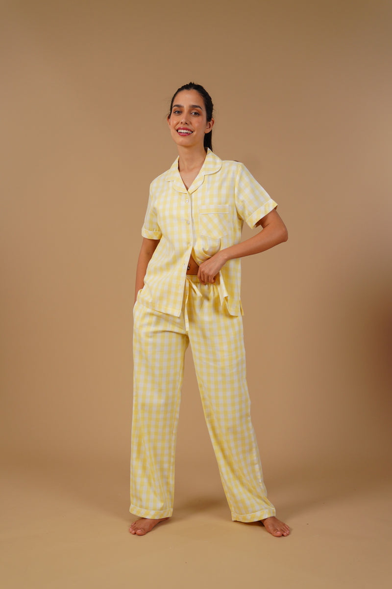 Butter Yellow Checks Cotton Twill Women's Pajama Set - Half Sleeves