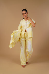 Butter Yellow Checks Cotton Twill Women's Pajama Set - Half Sleeves