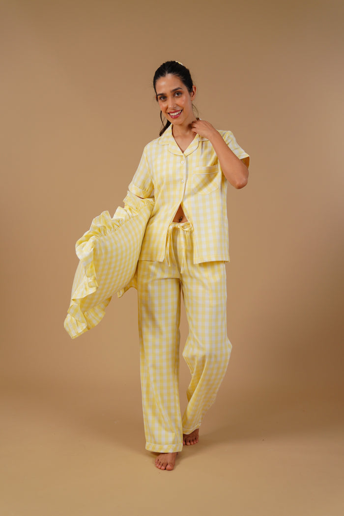 Butter Yellow Checks Cotton Twill Women's Pajama Set - Half Sleeves