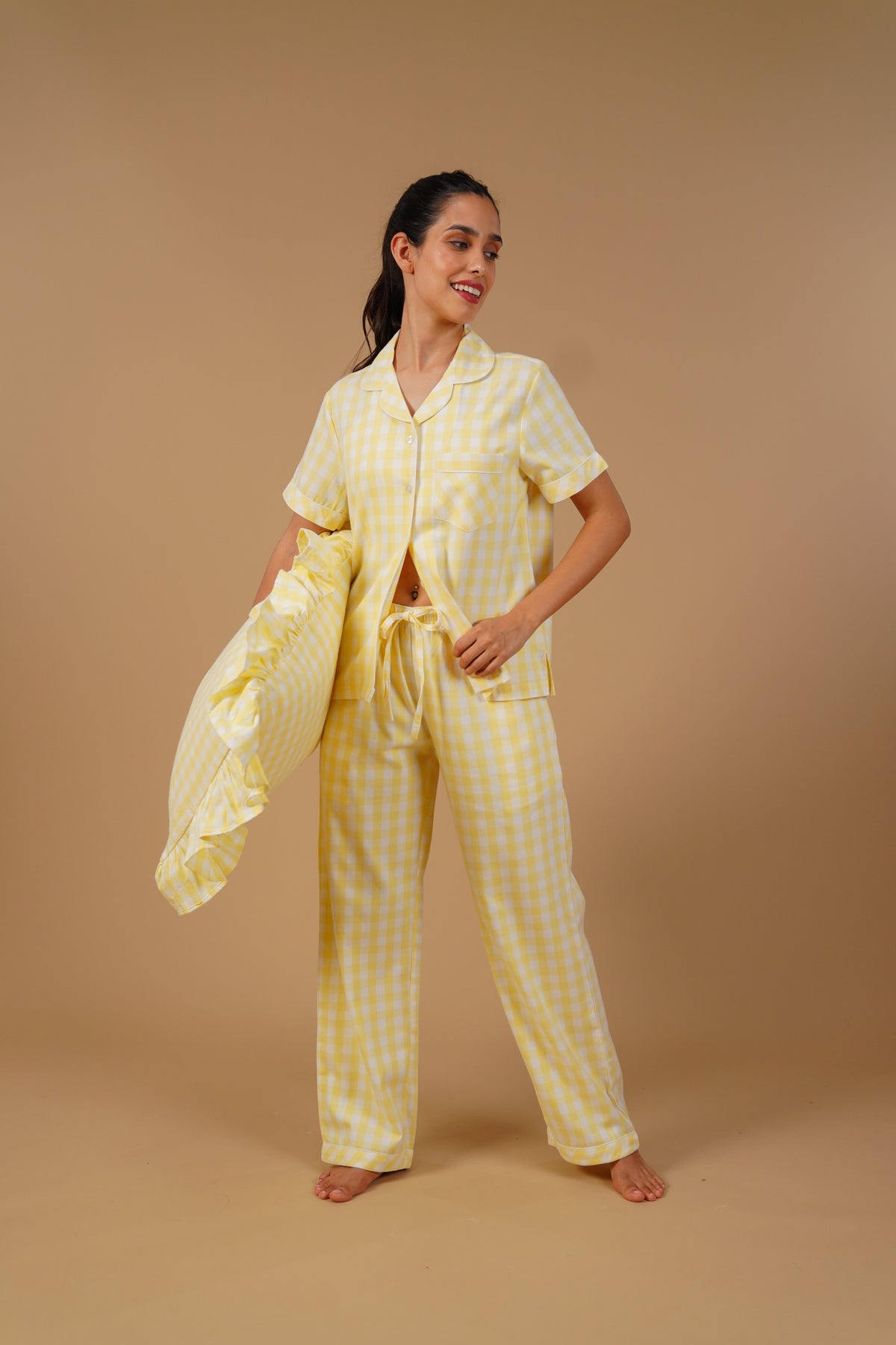Butter Yellow Checks Cotton Twill Women's Pajama Set - Half Sleeves