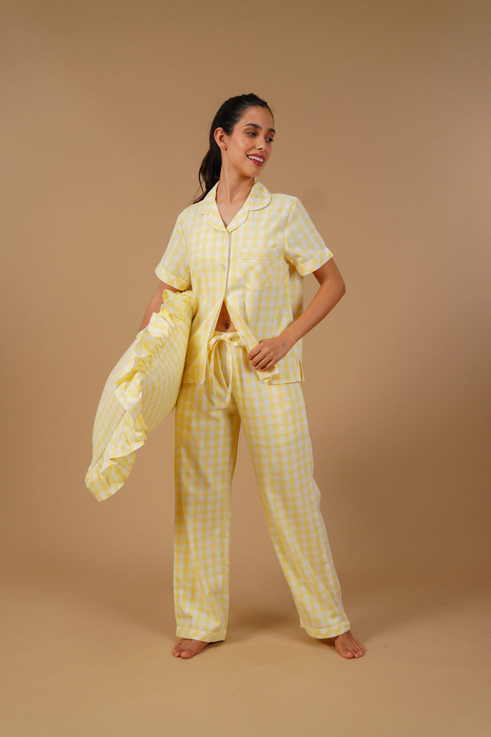 Butter Yellow Checks Cotton Twill Women's Pajama Set - Half Sleeves