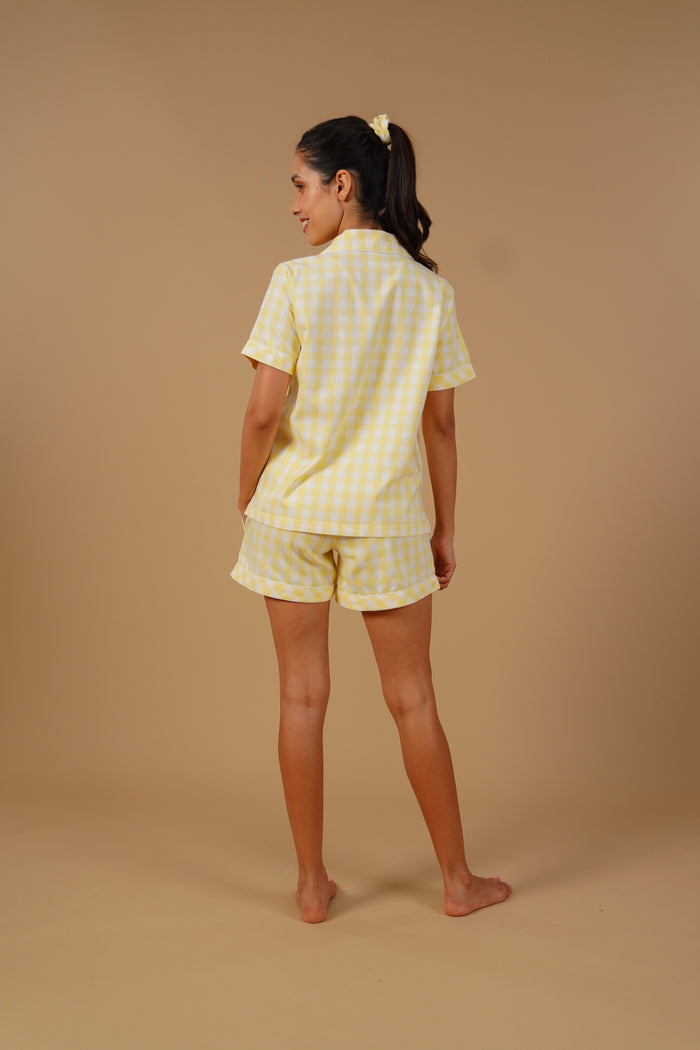 Butter Yellow Checks Cotton Twill Women's Shorts Set - Half Sleeves