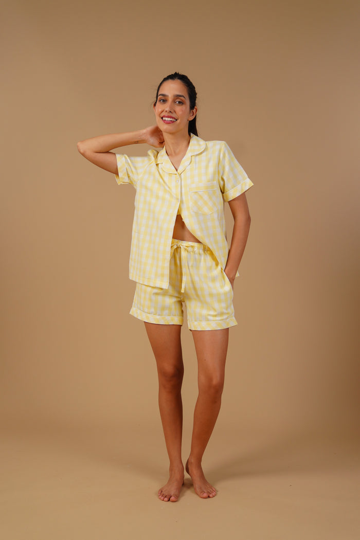 Butter Yellow Checks Cotton Twill Women's Shorts Set - Half Sleeves