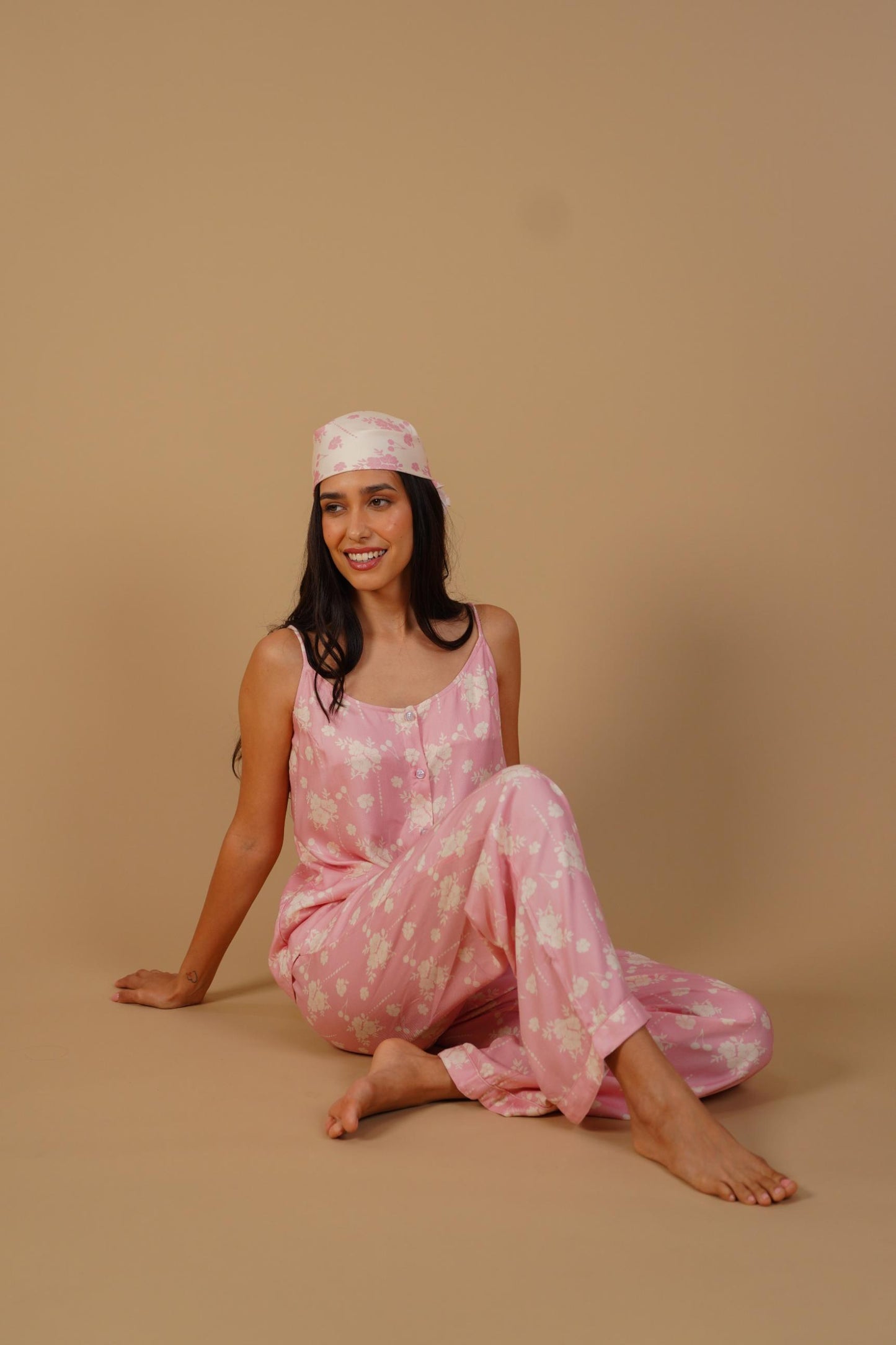 Pink Blossom Floral Printed Viscose Twill Women's Pajama Set - Sleeveless