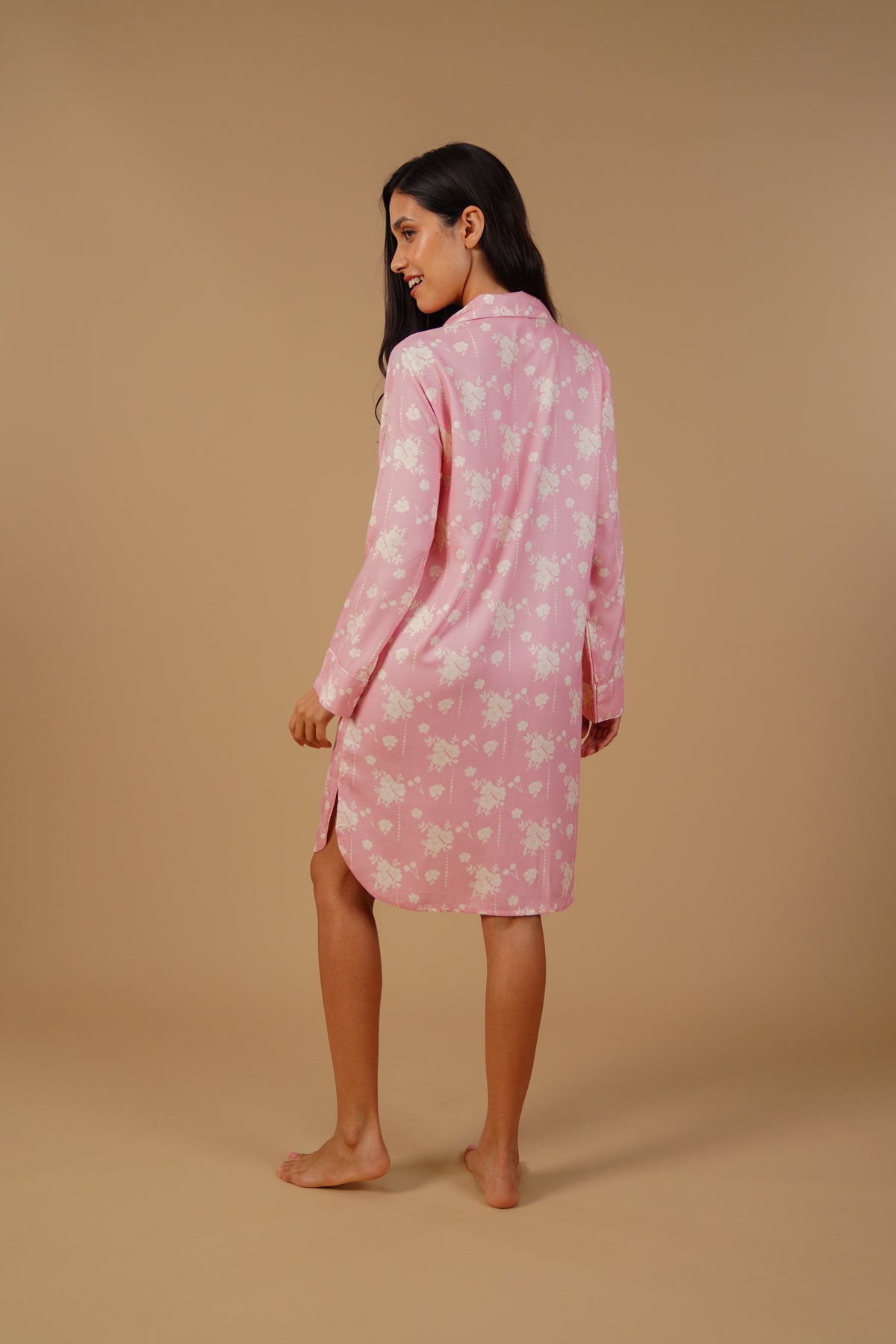 Pink Blossom Floral Printed Viscose Twill Women's Shirt Dress - Full Sleeves