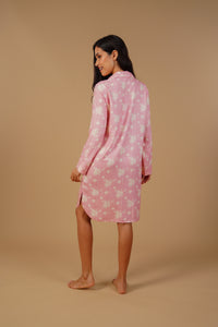 Pink Blossom Floral Printed Viscose Twill Women's Shirt Dress - Full Sleeves