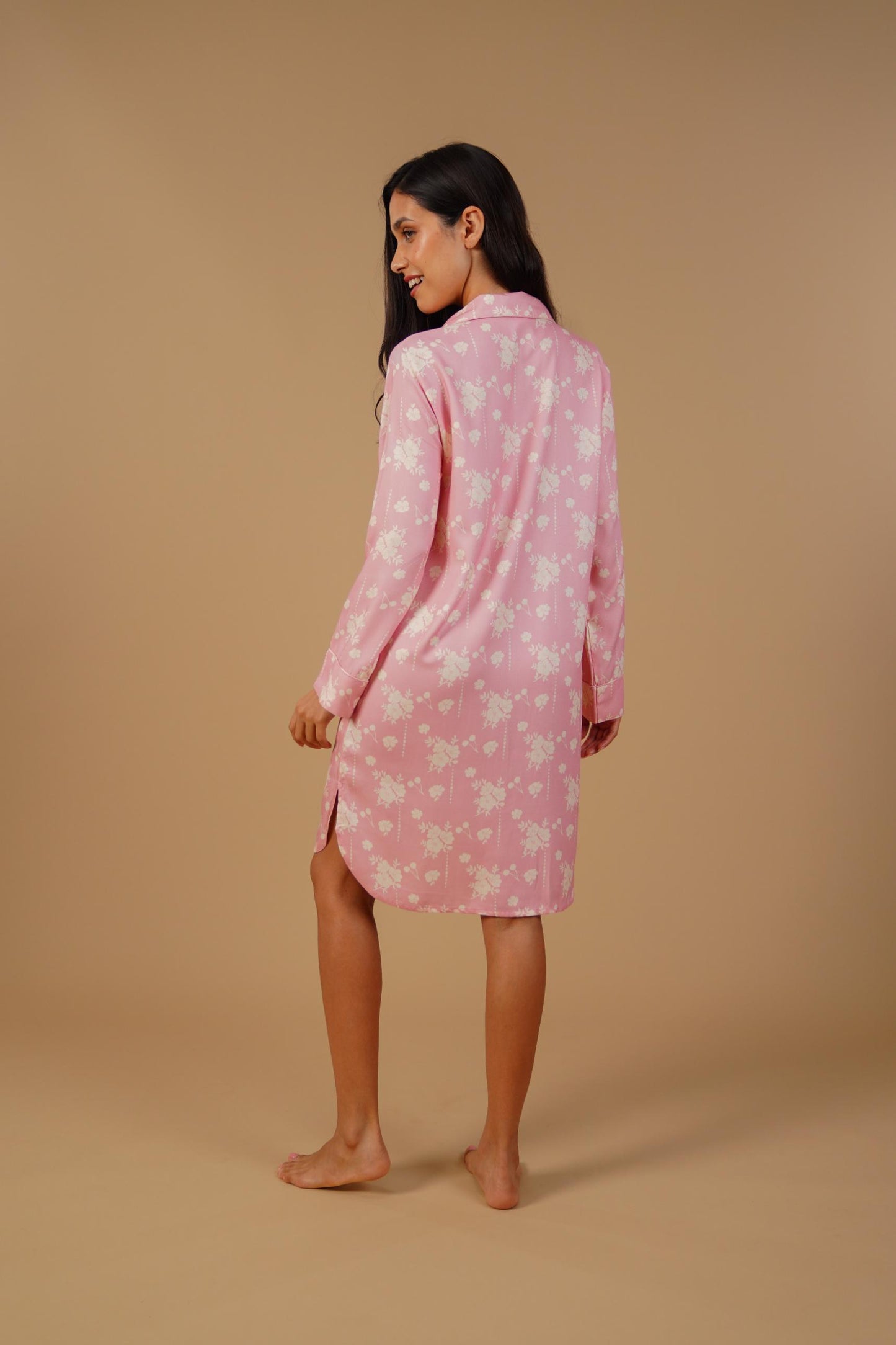 Pink Blossom Floral Printed Viscose Twill Women's Shirt Dress - Full Sleeves