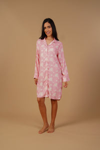 Pink Blossom Floral Printed Viscose Twill Women's Shirt Dress - Full Sleeves