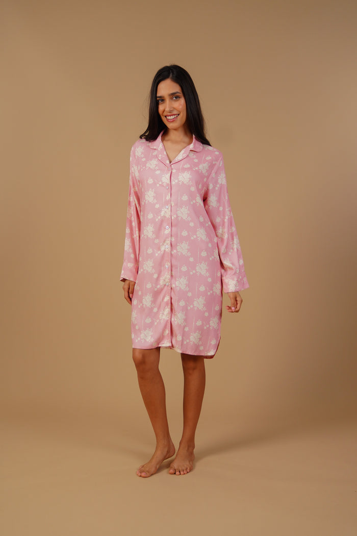 Pink Blossom Floral Printed Viscose Twill Women's Shirt Dress - Full Sleeves