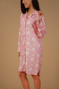 Pink Blossom Floral Printed Viscose Twill Women's Shirt Dress - Full Sleeves