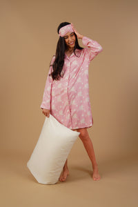 Pink Blossom Floral Printed Viscose Twill Women's Shirt Dress - Full Sleeves