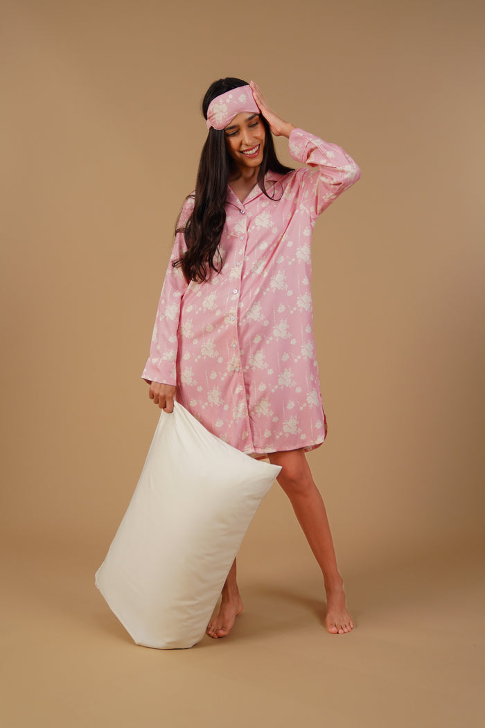 Pink Blossom Floral Printed Viscose Twill Women's Shirt Dress - Full Sleeves