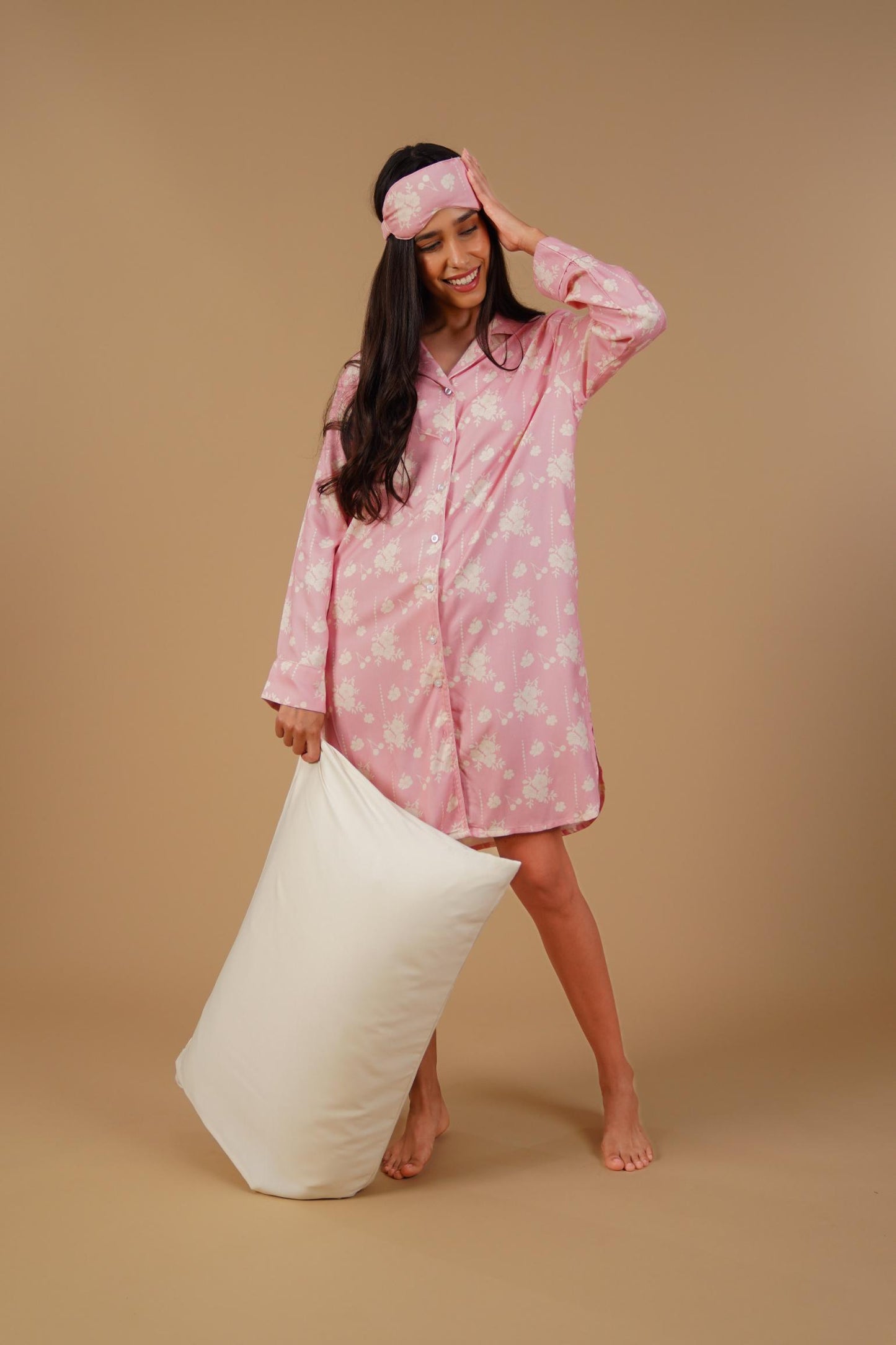Pink Blossom Floral Printed Viscose Twill Women's Shirt Dress - Full Sleeves