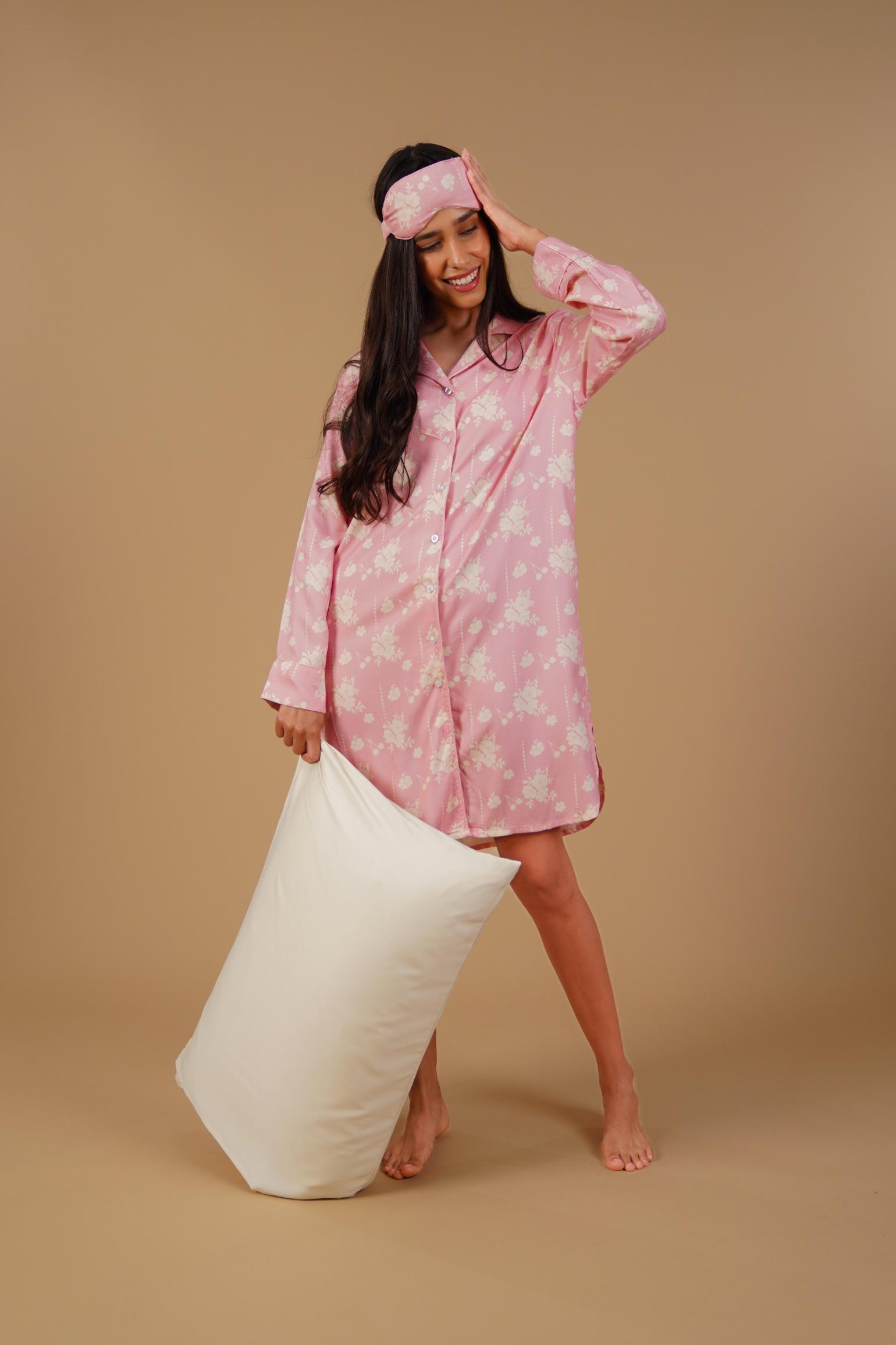 Pink Blossom Floral Printed Viscose Twill Women's Shirt Dress - Full Sleeves