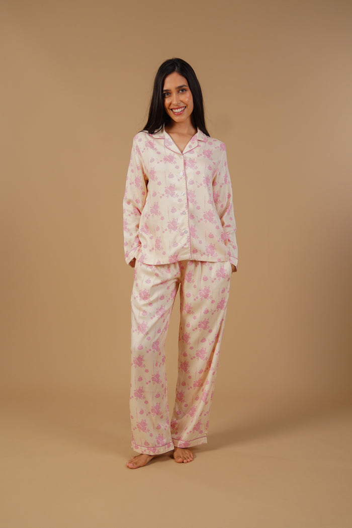 Beige Blossom Floral Printed Viscose Twill Women's Pajama Set - Full Sleeves