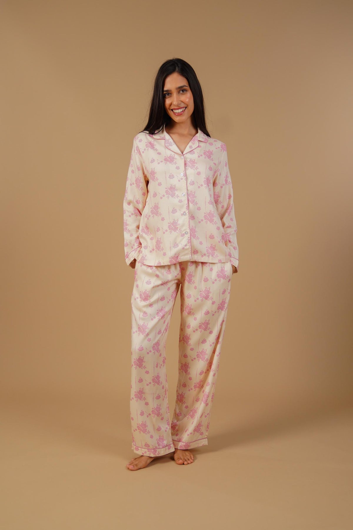 Beige Blossom Floral Printed Viscose Twill Women's Pajama Set - Full Sleeves
