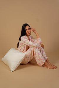 Beige Blossom Floral Printed Viscose Twill Women's Pajama Set - Full Sleeves