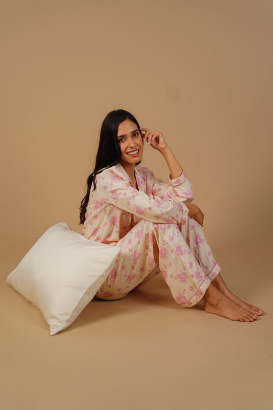 Beige Blossom Floral Printed Viscose Twill Women's Pajama Set - Full Sleeves