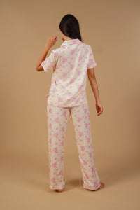 Beige Blossom Floral Printed Viscose Twill Women's Pajama Set - Half Sleeves