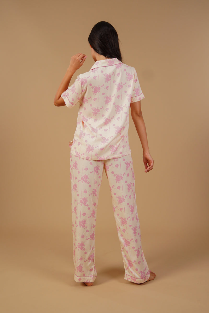 Beige Blossom Floral Printed Viscose Twill Women's Pajama Set - Half Sleeves
