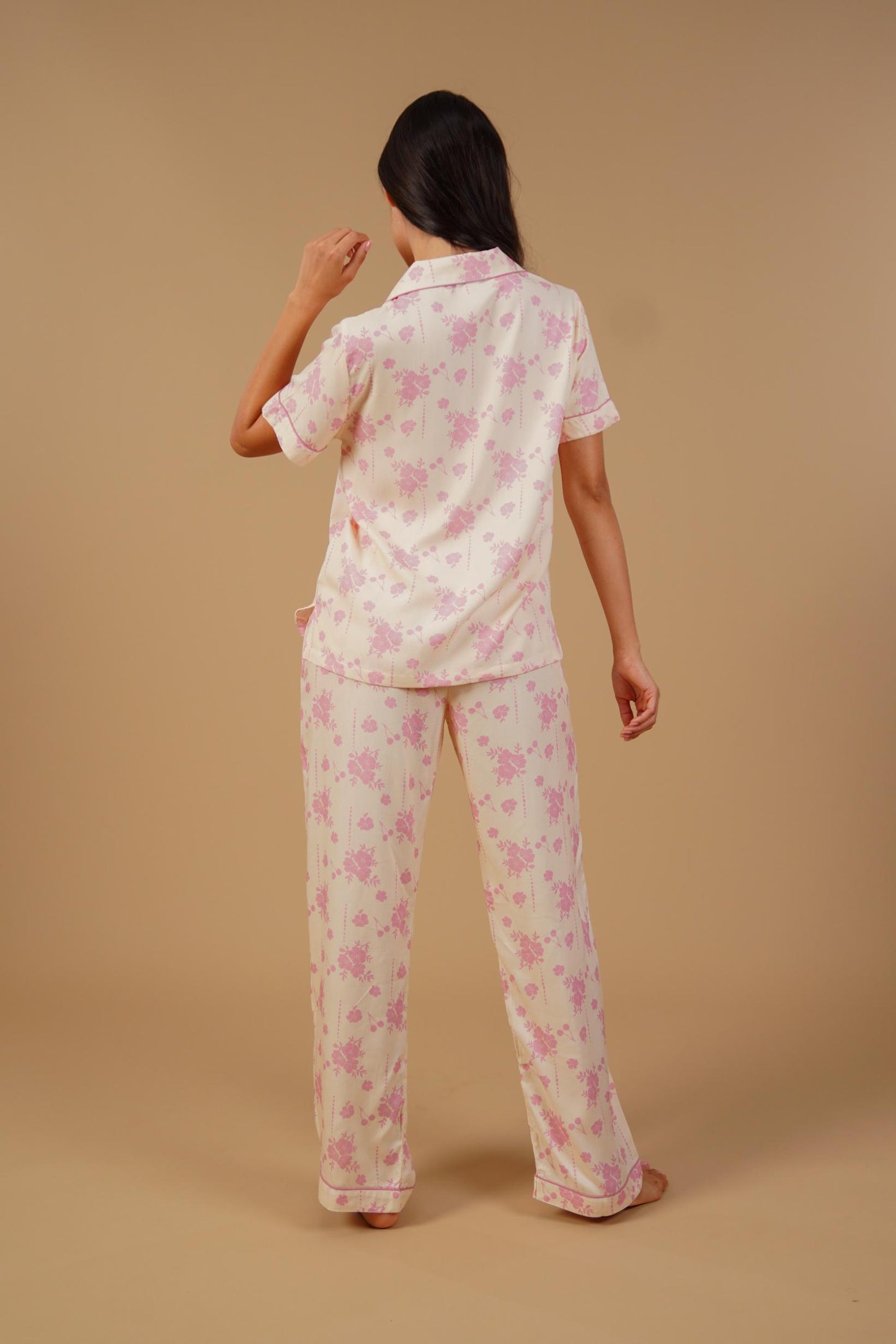 Beige Blossom Floral Printed Viscose Twill Women's Pajama Set - Half Sleeves
