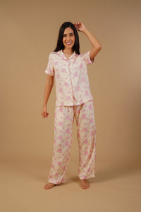 Beige Blossom Floral Printed Viscose Twill Women's Pajama Set - Half Sleeves