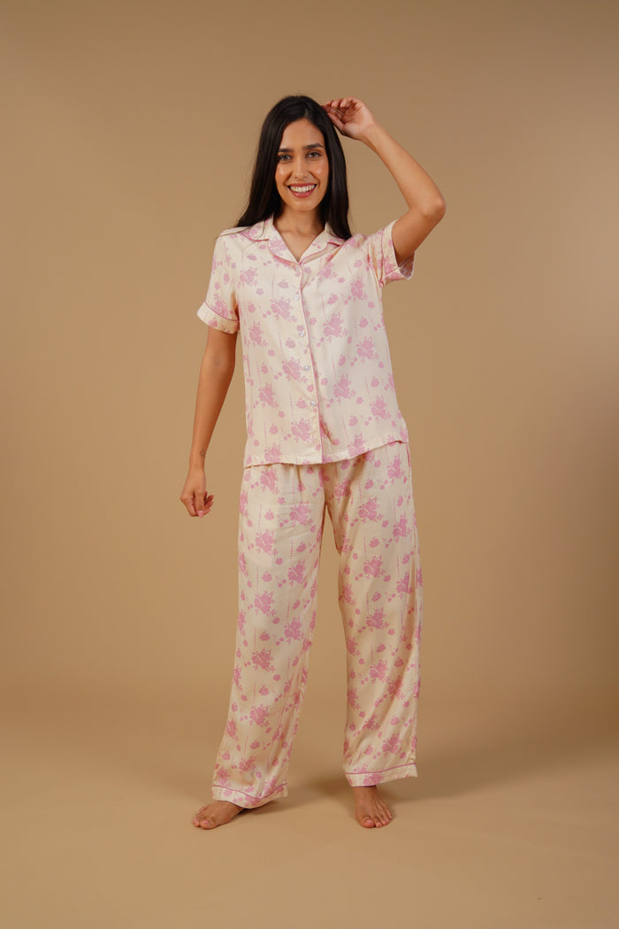 Beige Blossom Floral Printed Viscose Twill Women's Pajama Set - Half Sleeves