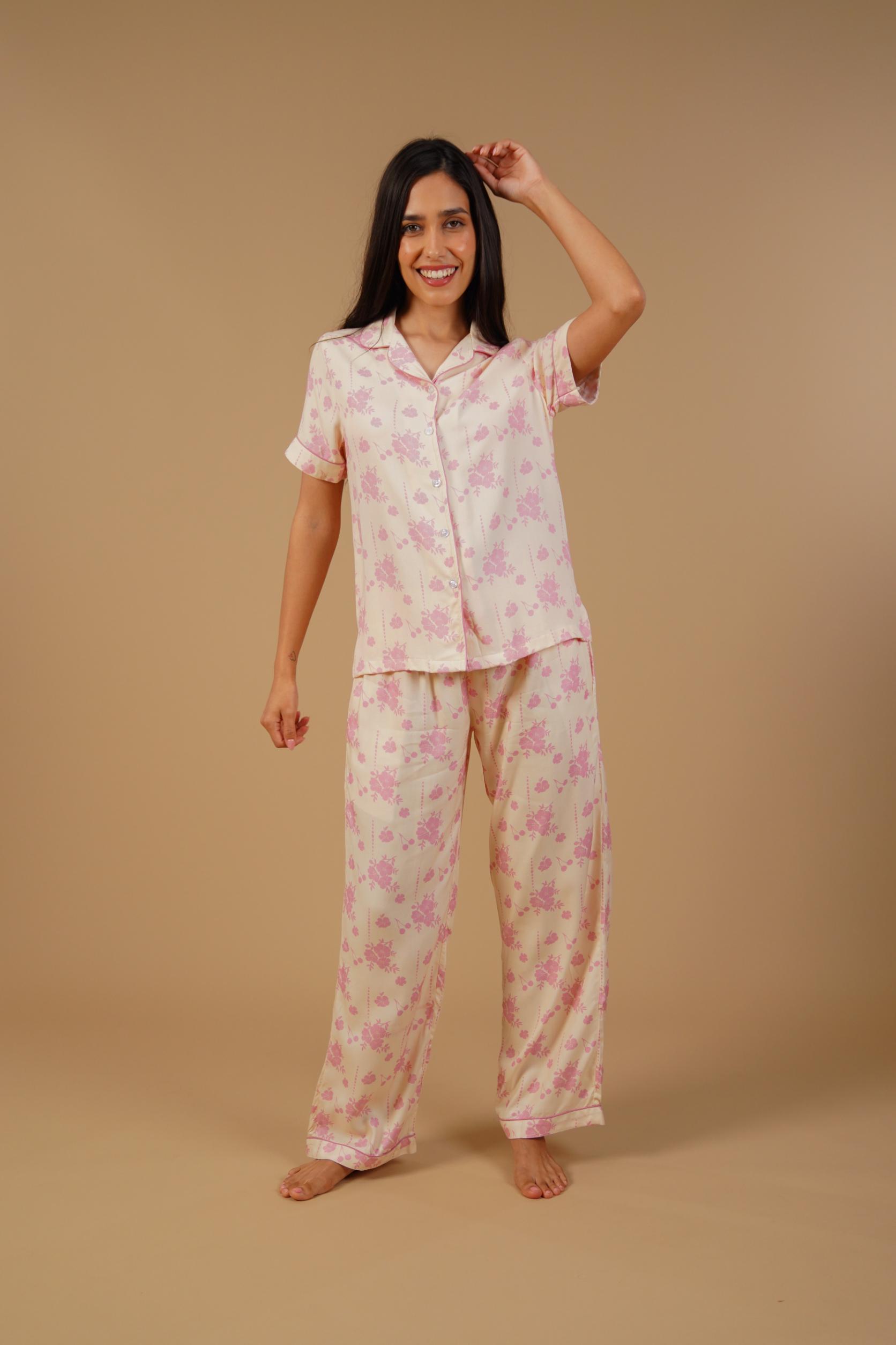 Beige Blossom Floral Printed Viscose Twill Women's Pajama Set - Half Sleeves