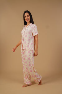 Beige Blossom Floral Printed Viscose Twill Women's Pajama Set - Half Sleeves