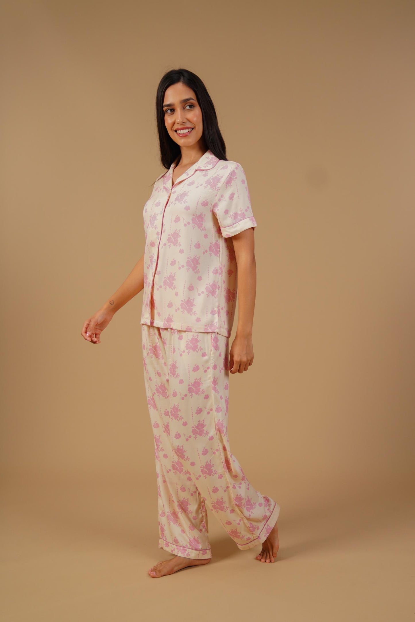 Beige Blossom Floral Printed Viscose Twill Women's Pajama Set - Half Sleeves