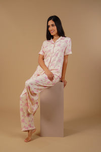 Beige Blossom Floral Printed Viscose Twill Women's Pajama Set - Half Sleeves