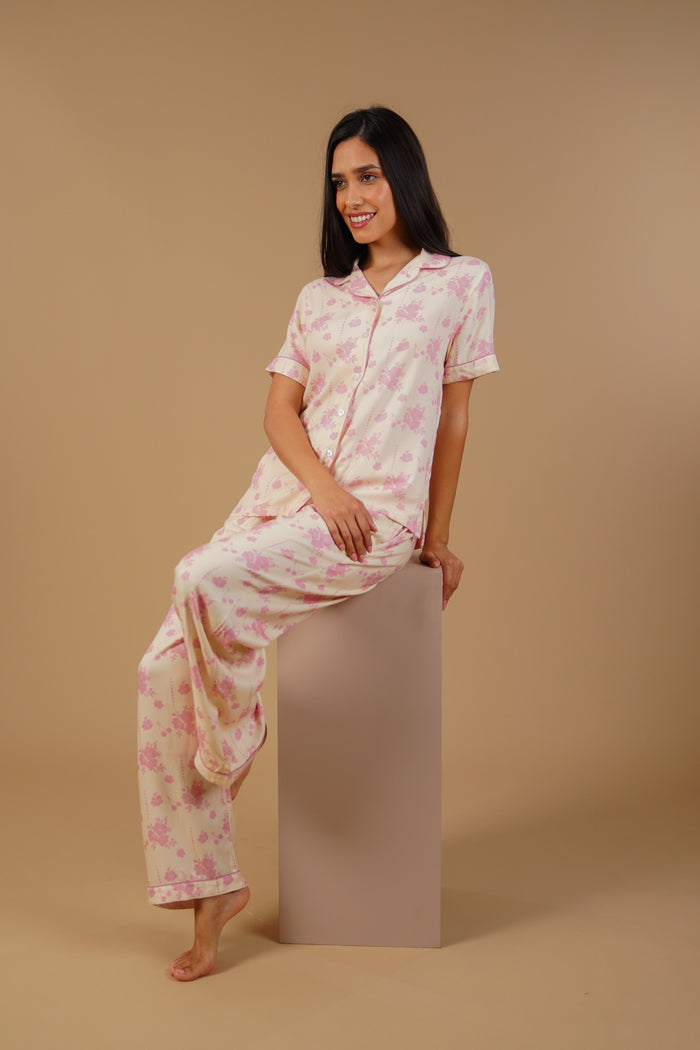 Beige Blossom Floral Printed Viscose Twill Women's Pajama Set - Half Sleeves