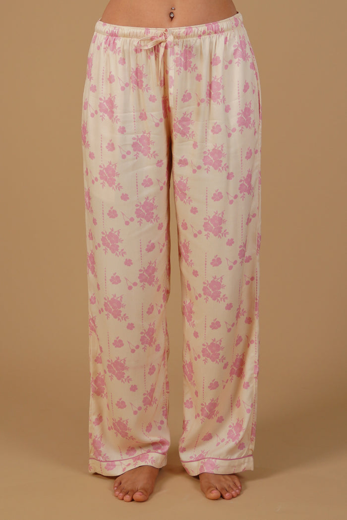 Beige Blossom Floral Printed Viscose Twill Women's Pajama