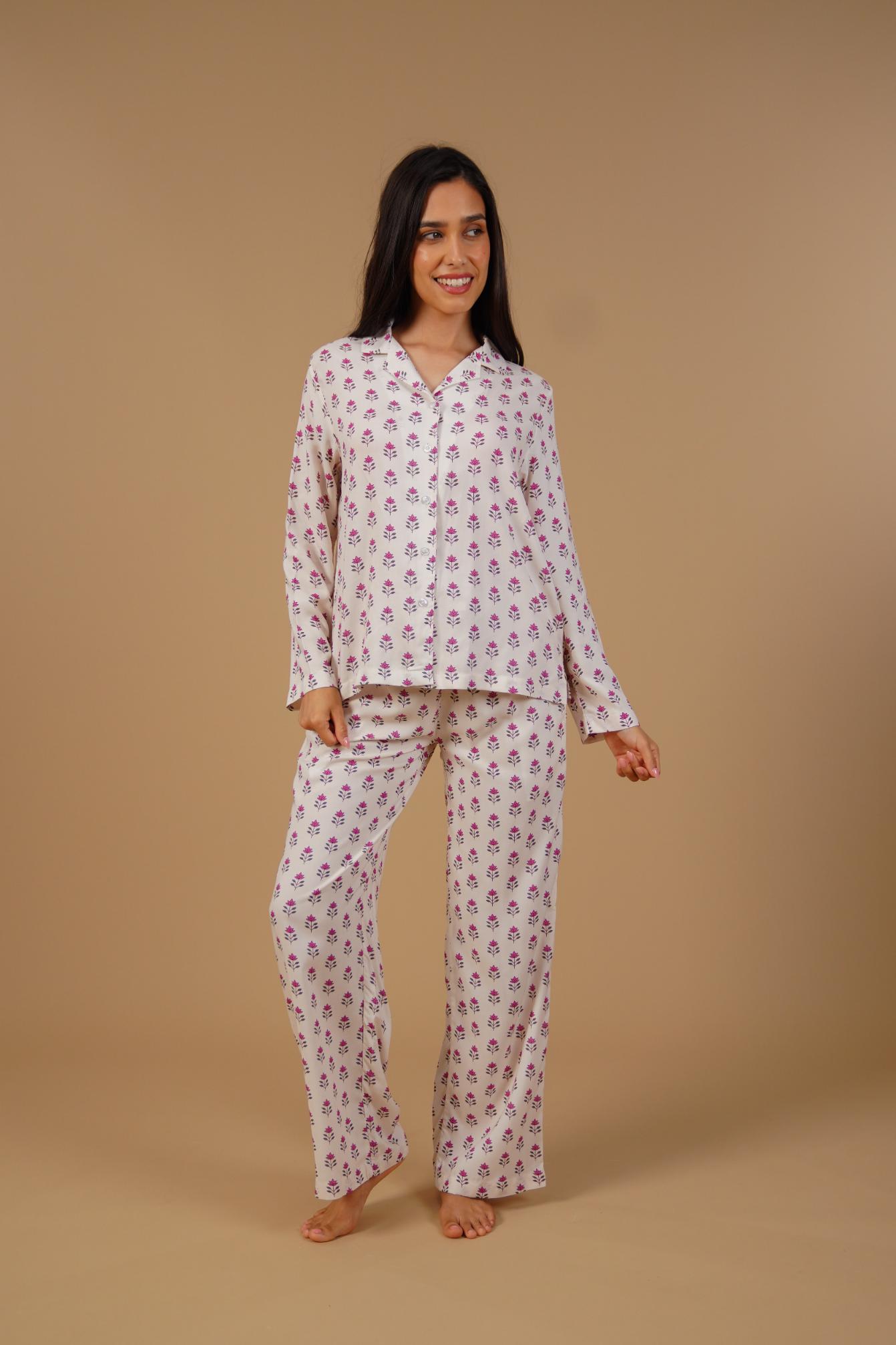 Aira White Floral Printed Viscose Women's Pajama Set - Full Sleeves