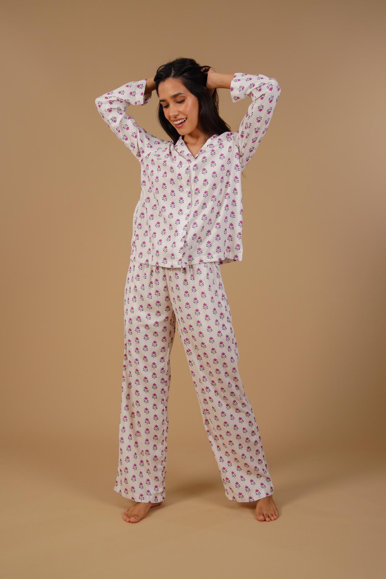 Aira White Floral Printed Viscose Women's Pajama Set - Full Sleeves