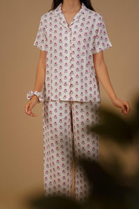 Aira White Floral Printed Viscose Women's Pajama Set - Half Sleeves