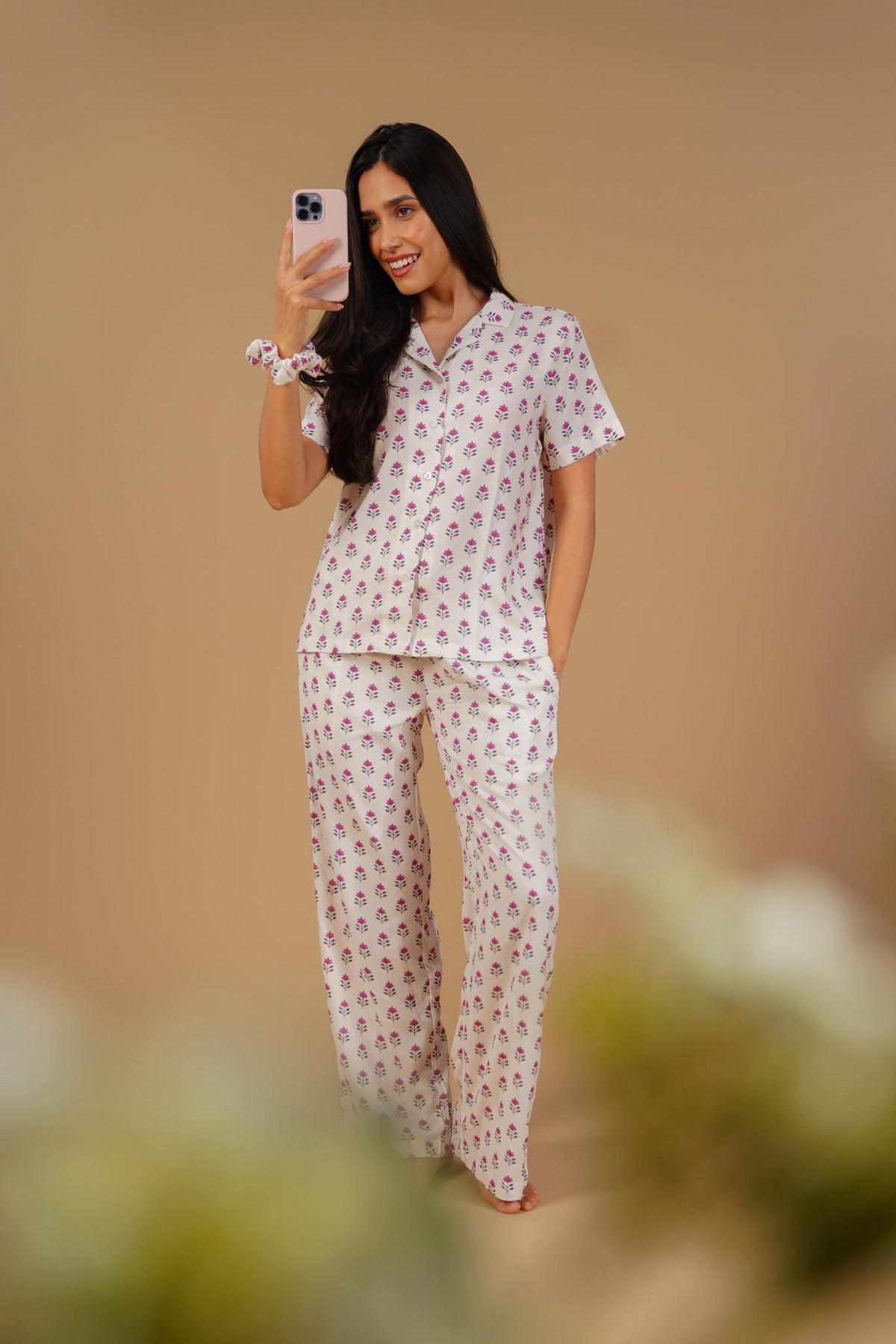 Aira White Floral Printed Viscose Women's Pajama Set - Half Sleeves