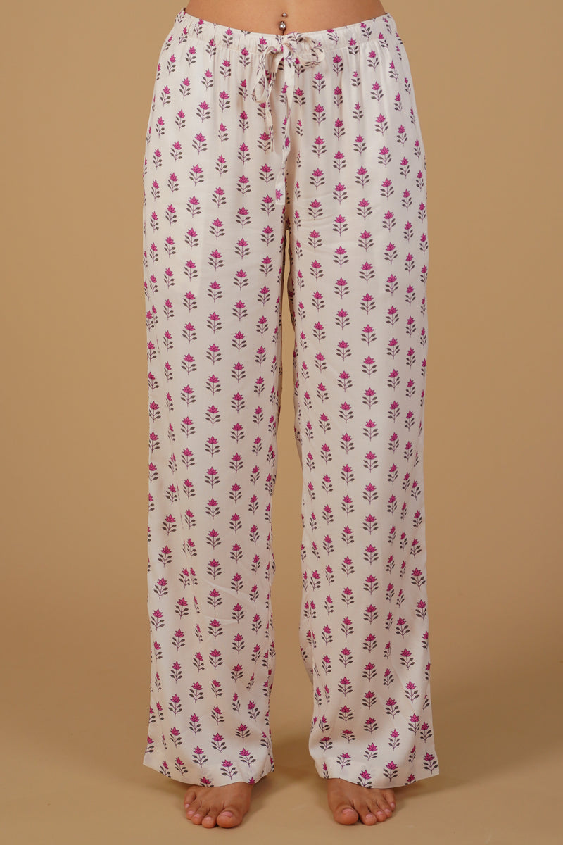 Aira White Floral Printed Viscose Women's Pajama