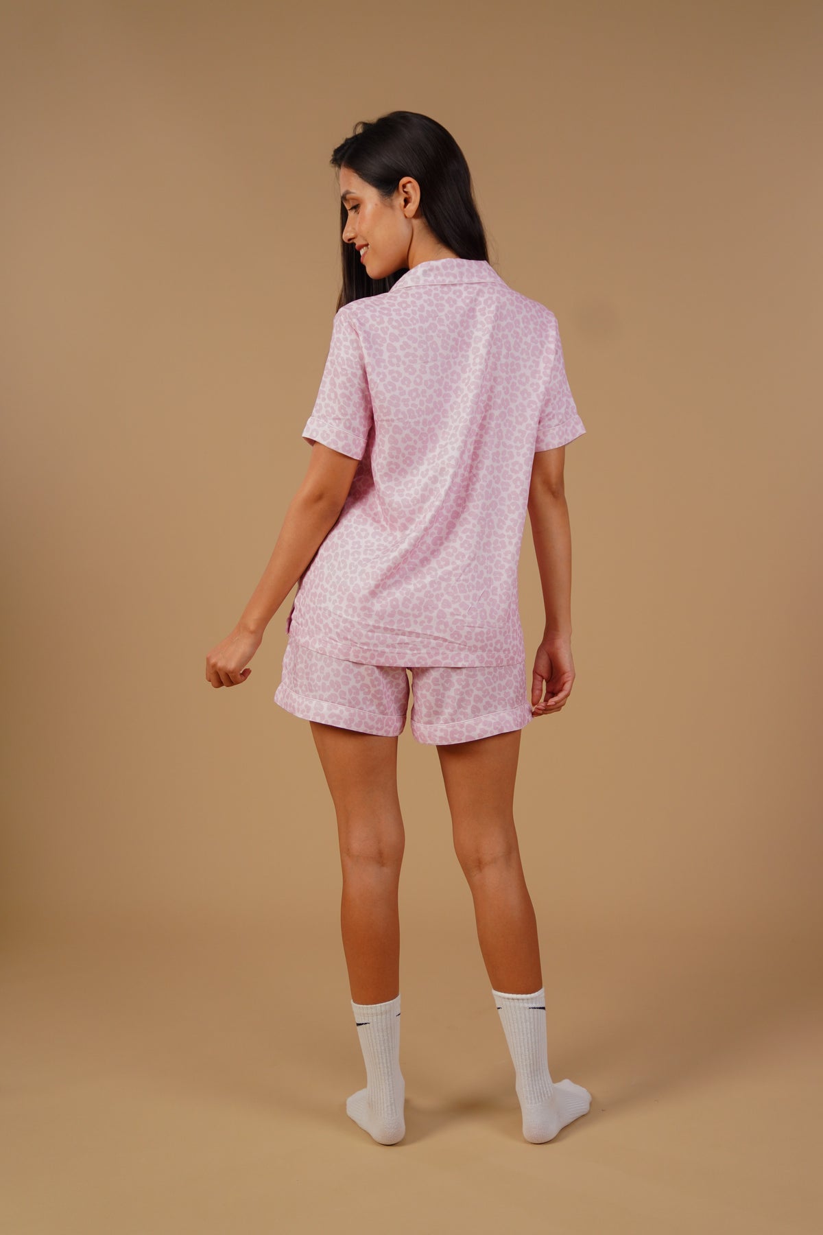 Rachel Leopard Printed Viscose Twill Women's Shorts Set - Half Sleeves