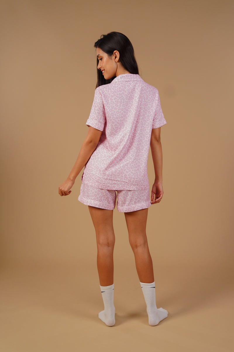 Rachel Leopard Printed Viscose Twill Women's Shorts Set - Half Sleeves