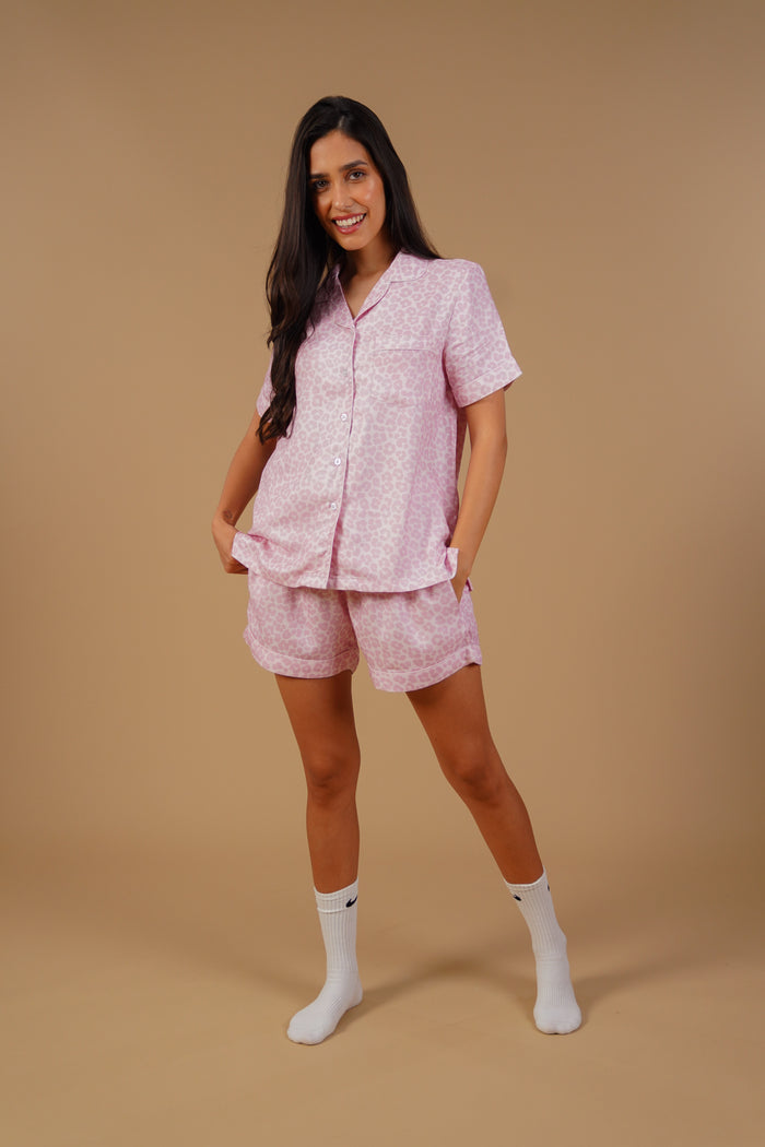 Rachel Leopard Printed Viscose Twill Women's Shorts Set - Half Sleeves