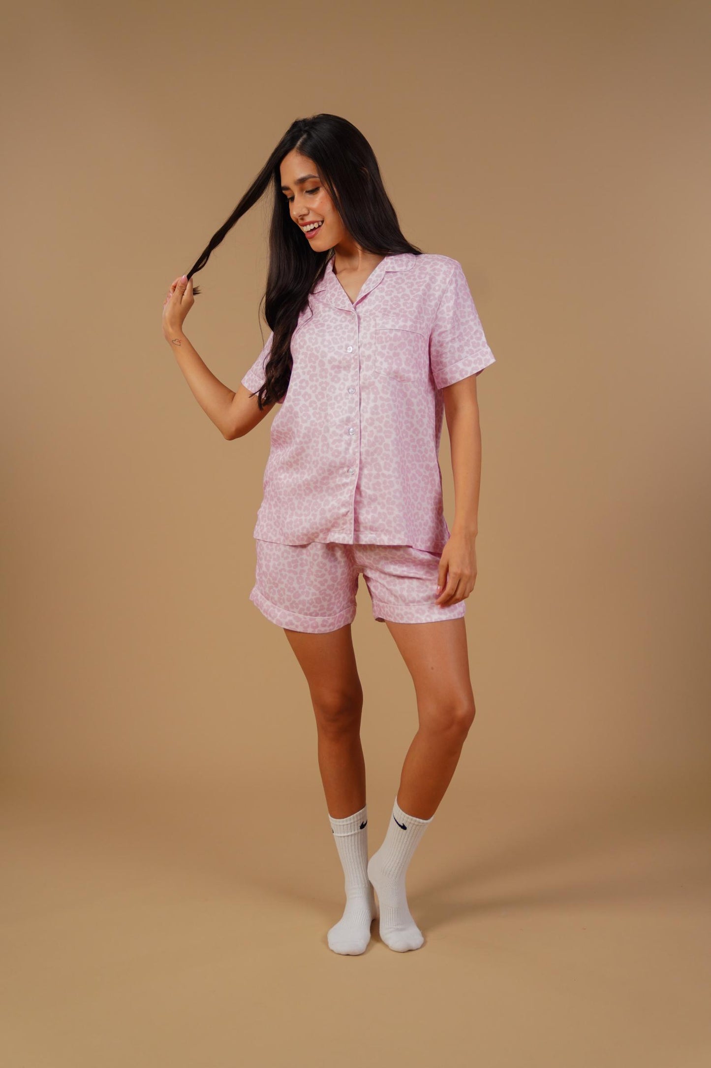 Rachel Leopard Printed Viscose Twill Women's Shorts Set - Half Sleeves